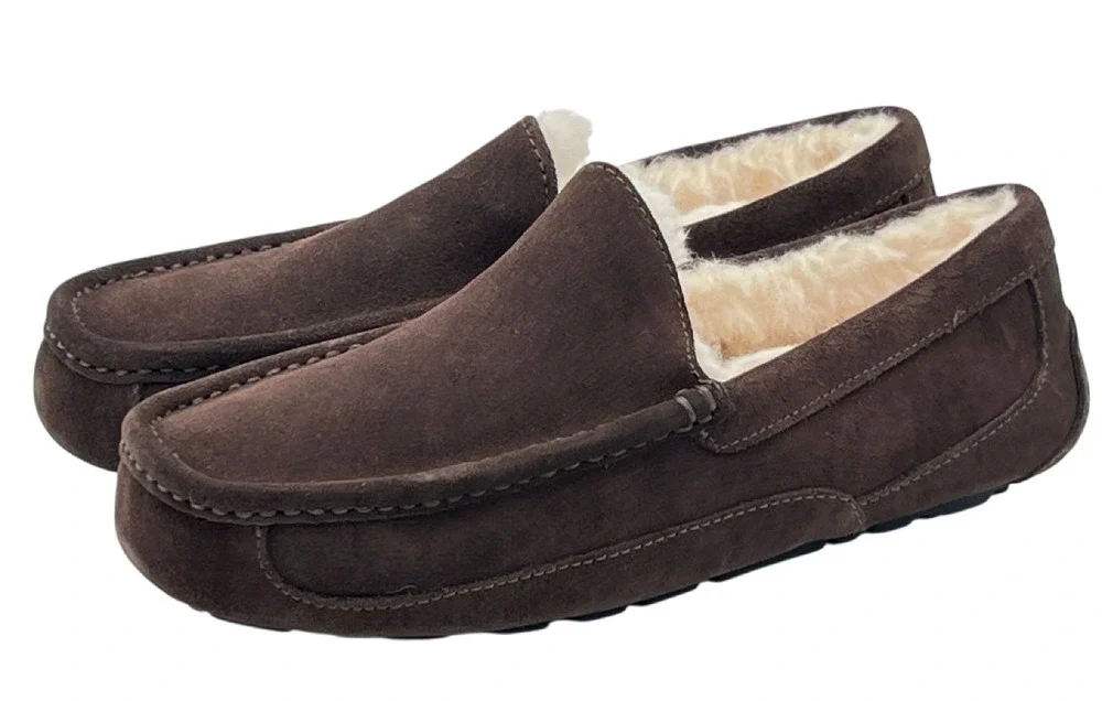 NEW UGG MEN'S BROWN ASCOT SLIPPERS SUEDE MOCCASIN SHOES 1101110 SZ 18